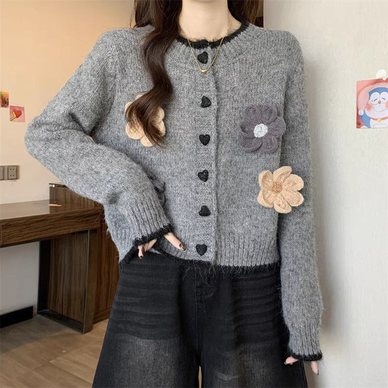 French Style Temperament Flower Round Neck Sweater Short Knitted Cardigan