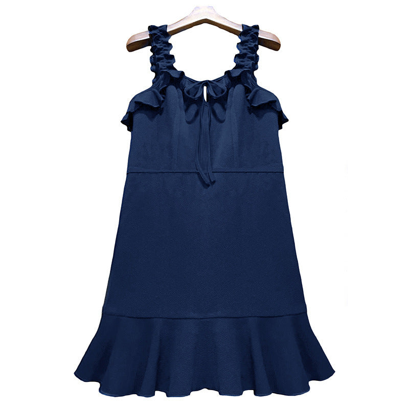 Solid Color Sling Leisure Ruffled Slim Fit Dress