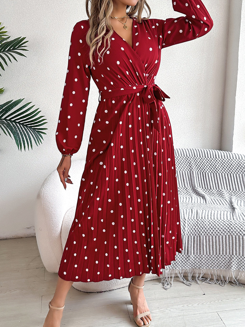 Spring Summer Elegant Long Dress Cross V-Neck Contrast Polka Dot Long Sleeve Pleated Bridesmaid Dresses