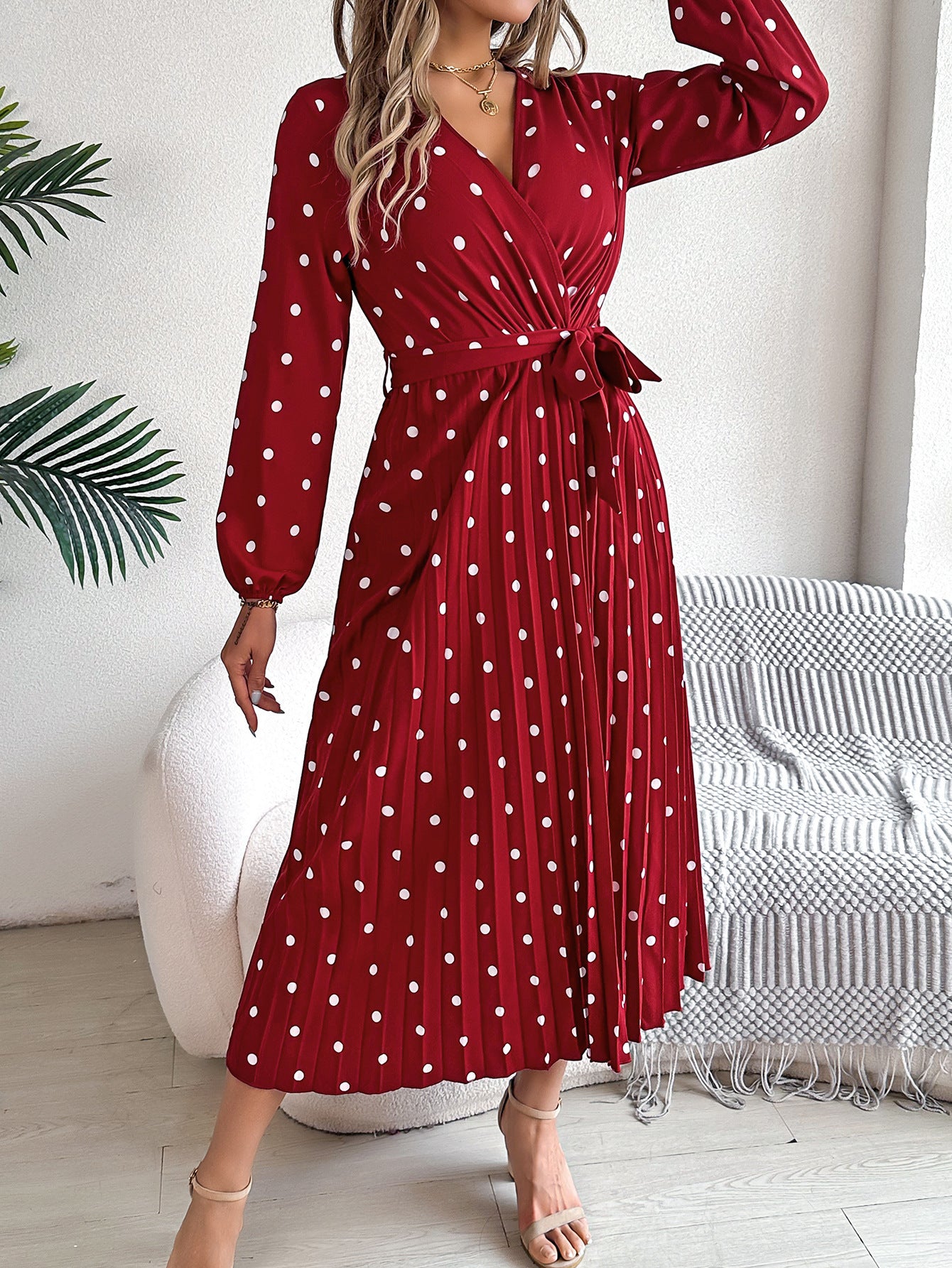 Spring Summer Elegant Long Dress Cross V-Neck Contrast Polka Dot Long Sleeve Pleated Bridesmaid Dresses