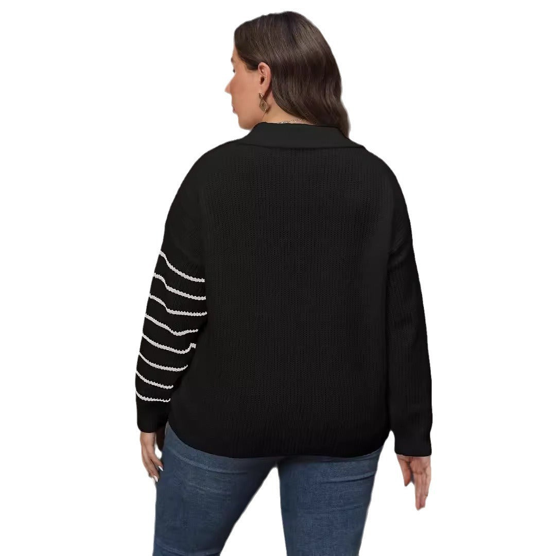Pullover Plus Size Women's Color Contrast Patchwork Striped Polo Collar Sweater
