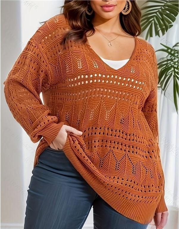 Plus Size Women's Sweater Long Sleeve V-neck Pullover Loose Sweater