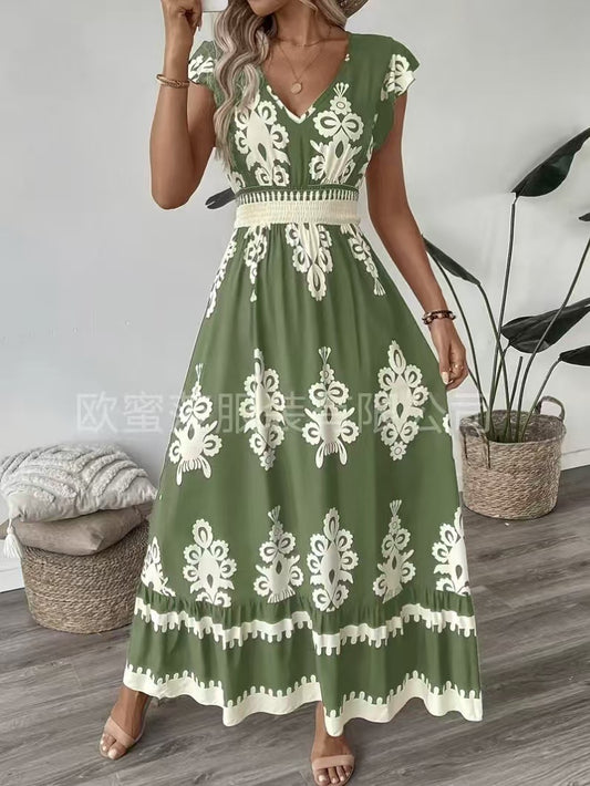 Vacation Style Printed V-neck Large Swing Dress