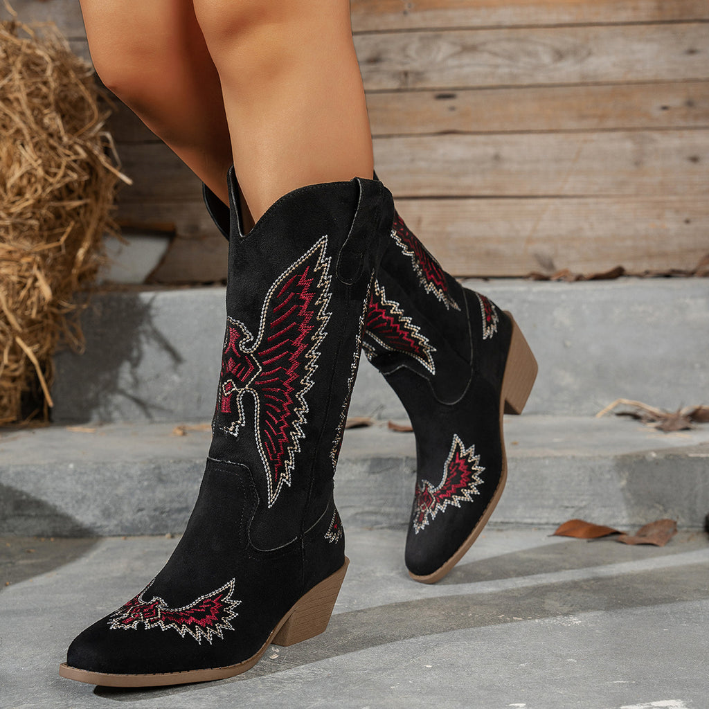 Suede Embroidery Mid Heel Knight Boots Large Size Thick Heel Cowboy Boot