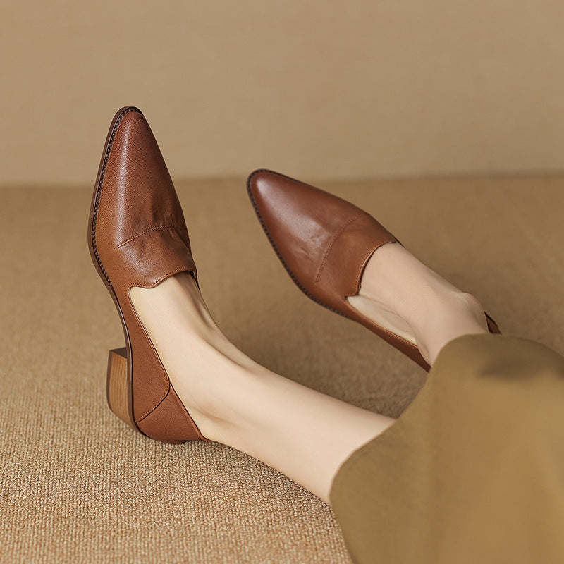 Women's Spring And Autumn Mid Heel Deep Mouth Leather Shoes