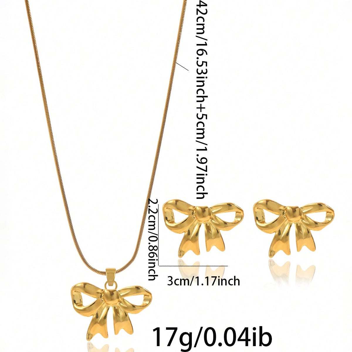 Lxalry 18K Gold Plated Stainless Steel Bow Jewelry Set For Women - Cute Waterproof Necklace & Earrings, Hypoallergenic