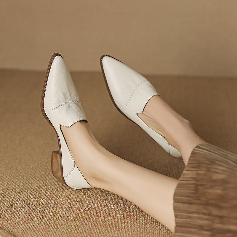 Women's Spring And Autumn Mid Heel Deep Mouth Leather Shoes