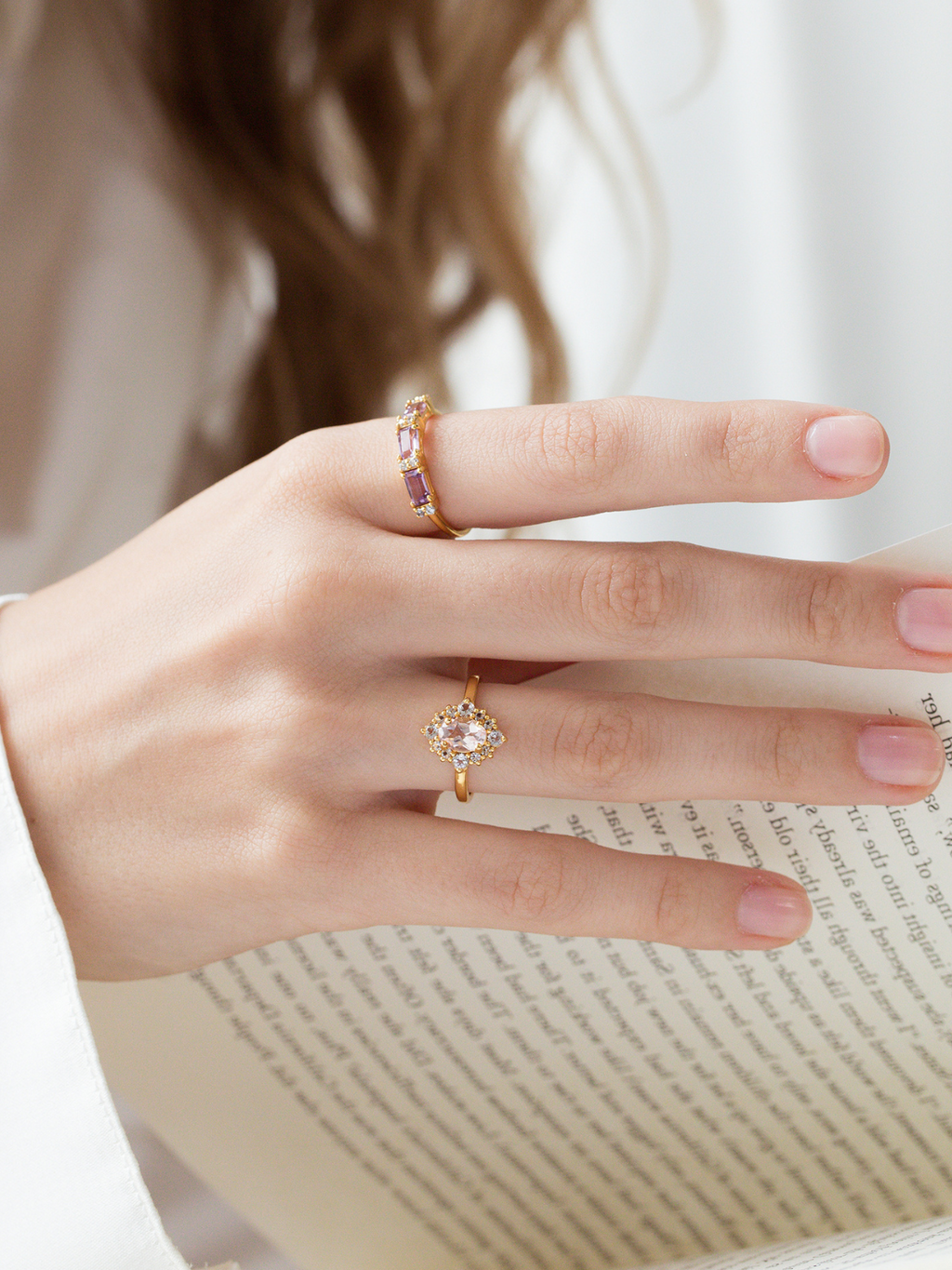 Bague halo en morganite rose et vermeil en or 18 carats 