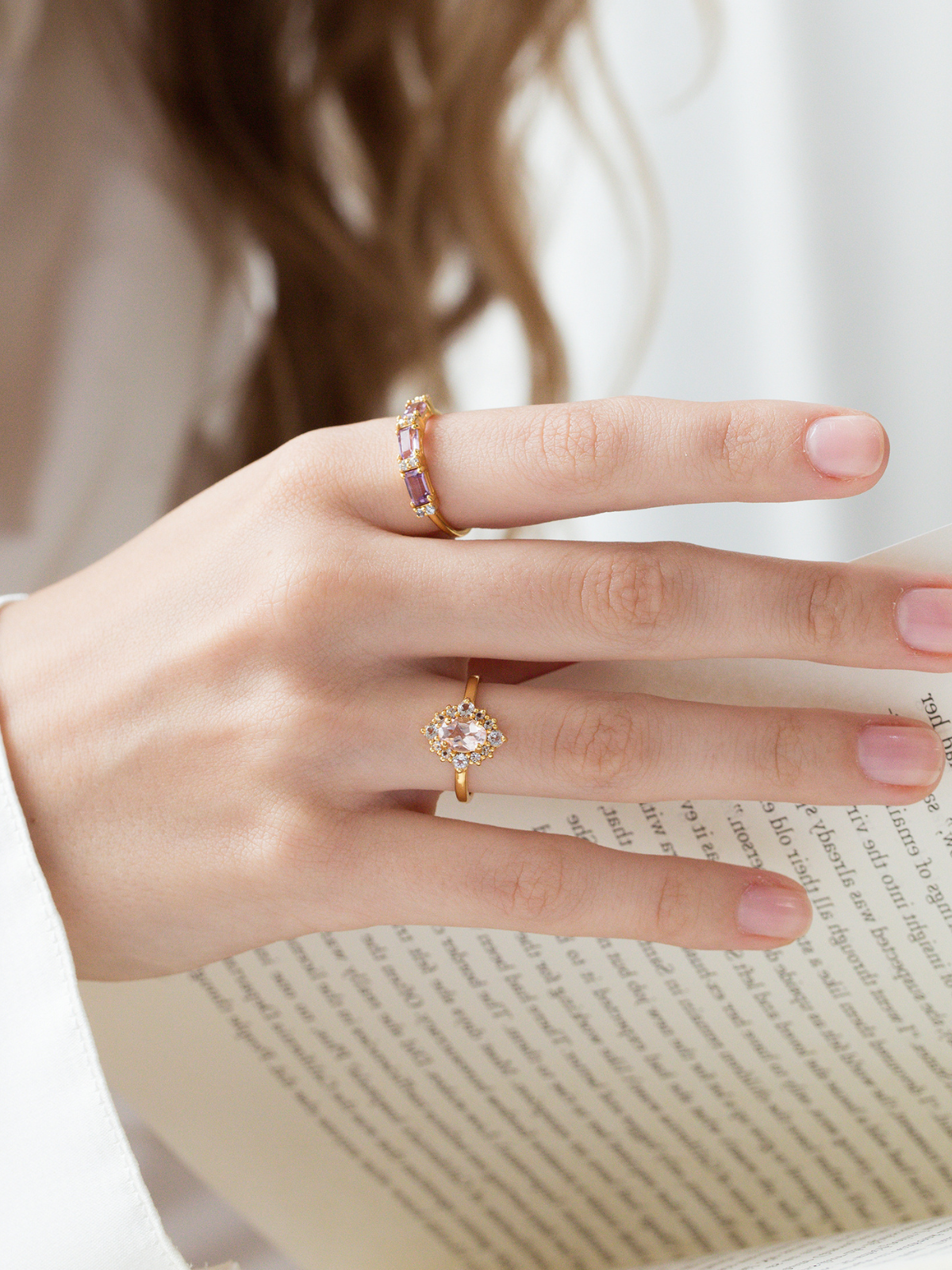 Bague halo en morganite rose et vermeil en or 18 carats 