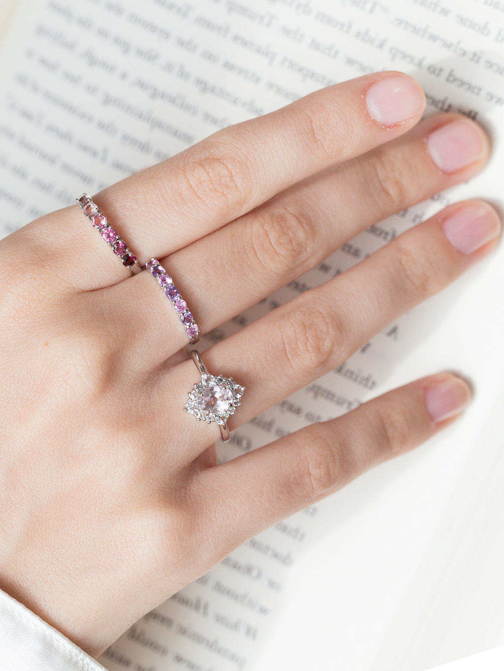 Bague halo en morganite rose et argent sterling 