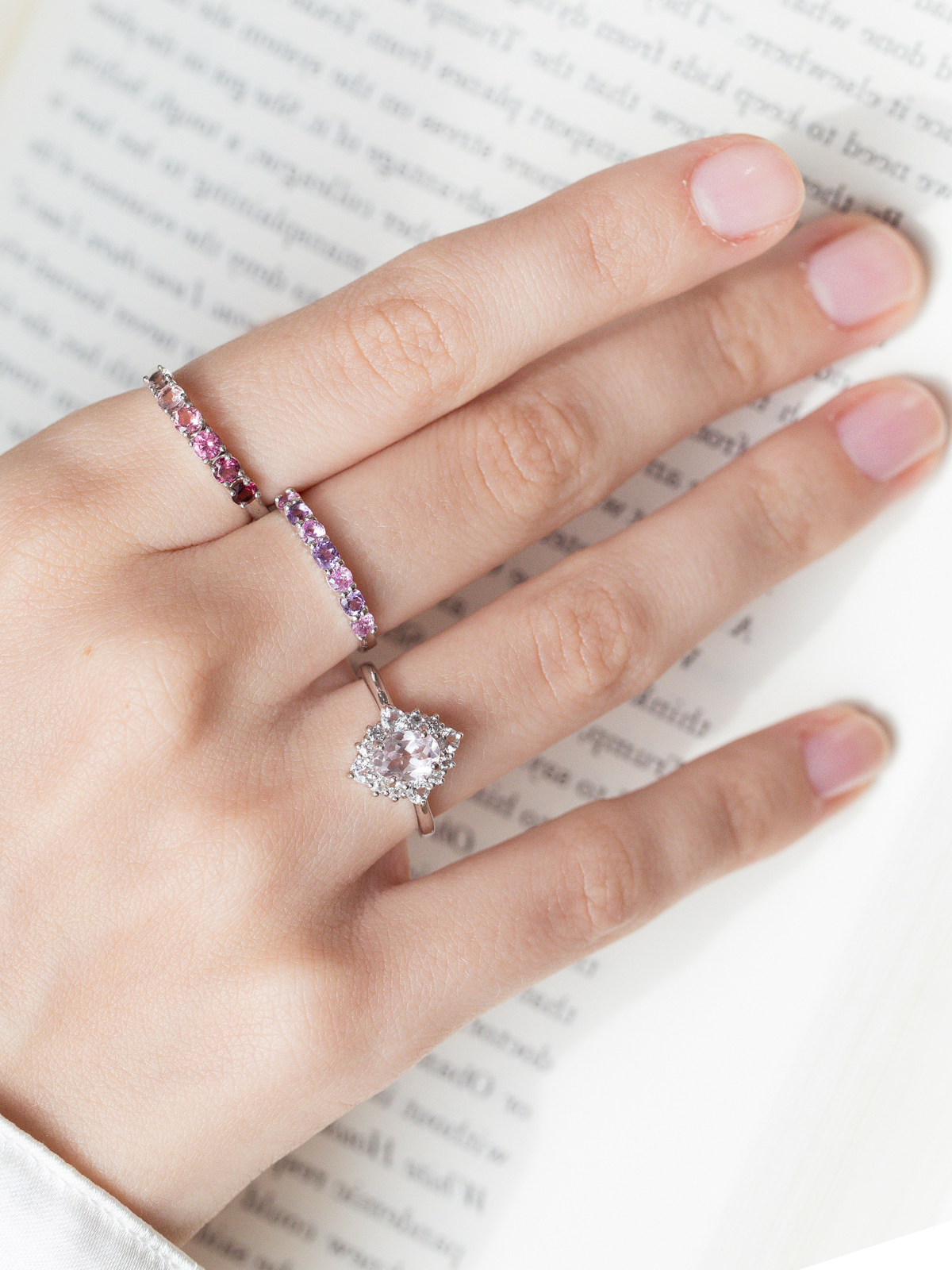 Bague halo en morganite rose et argent sterling 