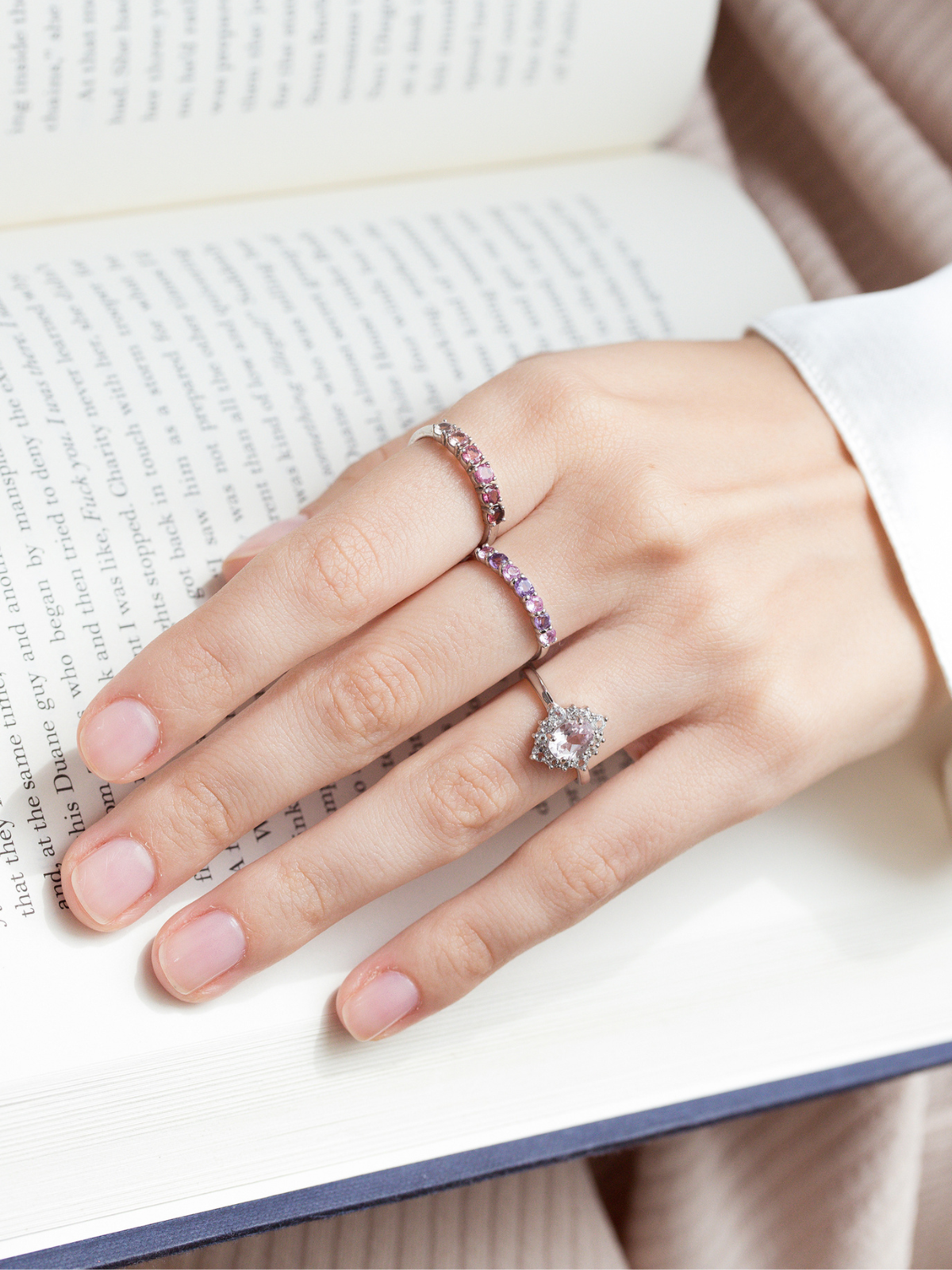 Bague halo en morganite rose et argent sterling 