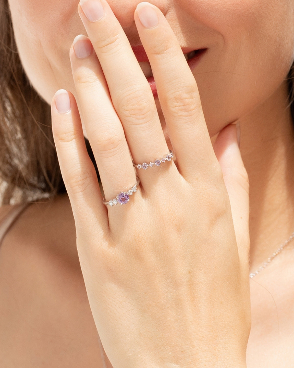 Alliance demi-éternité empilable en argent sterling, saphir rose et améthyste