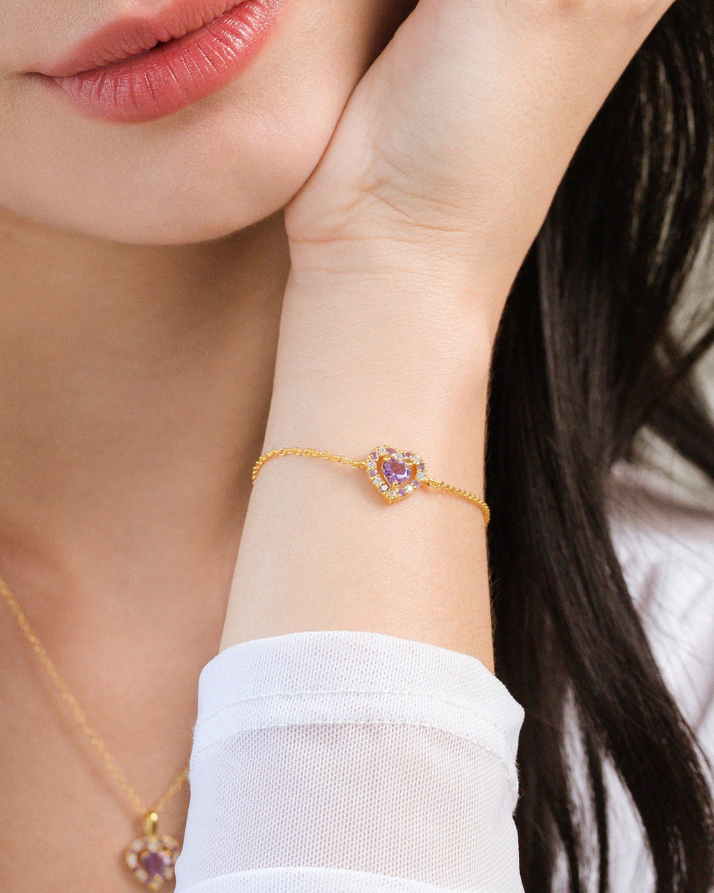 Ensemble de bijoux en vermeil d'or 18 carats avec améthyste lavande en forme de cœur violet