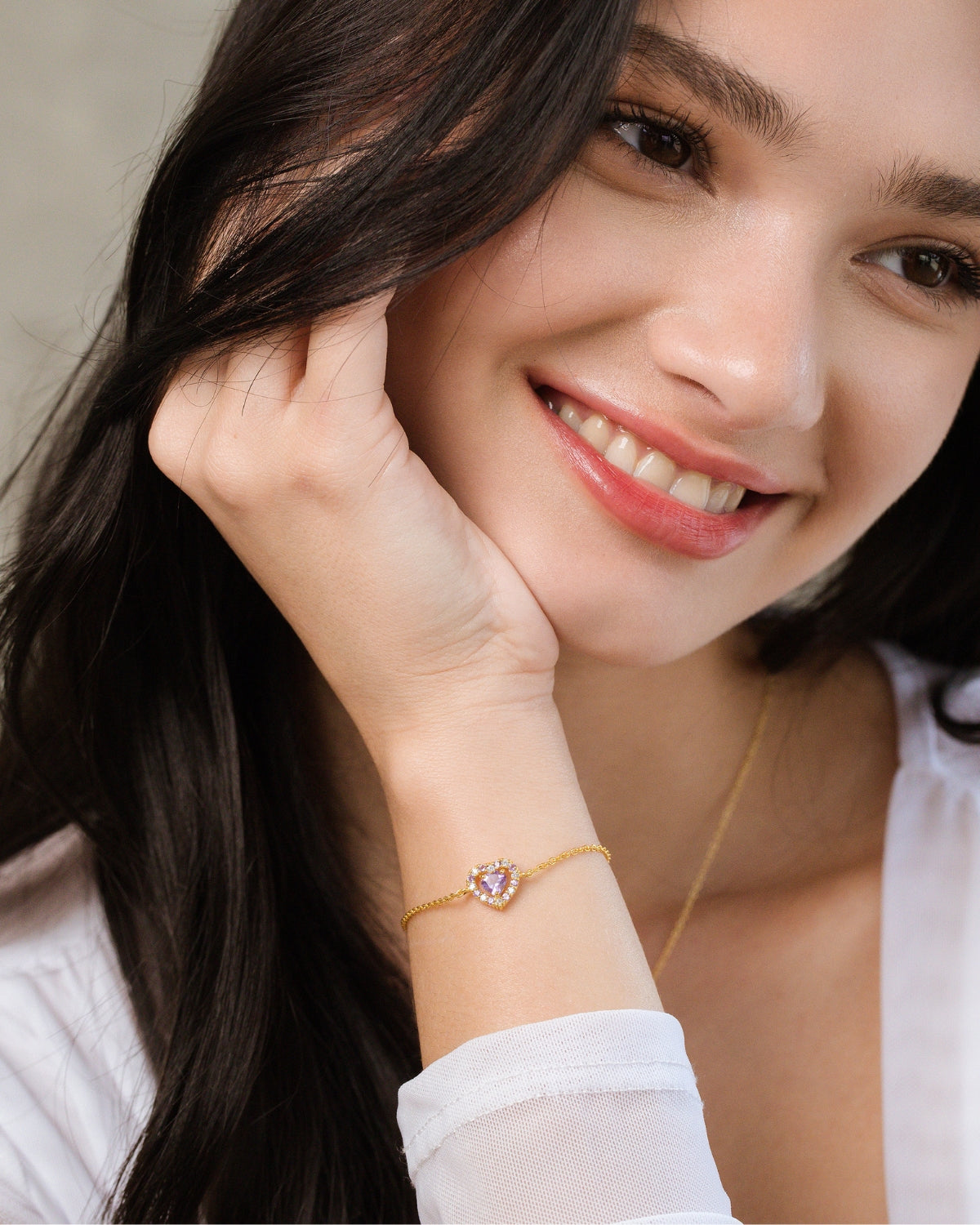 Bracelet en vermeil or 18 carats avec améthyste lavande et cœur violet