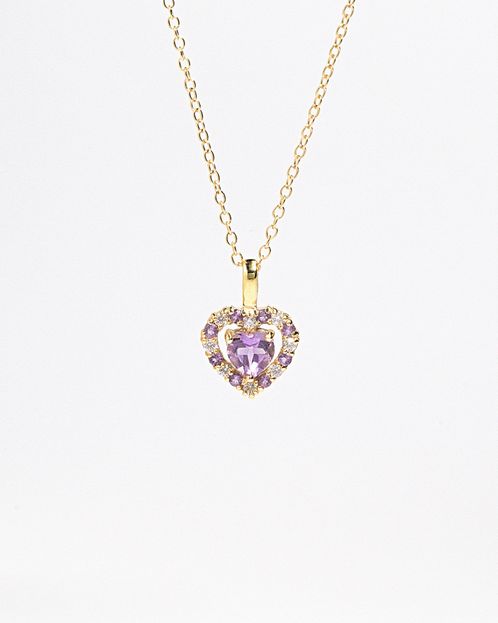 Collier pendentif cœur violet en améthyste lavande, en vermeil or 18 carats