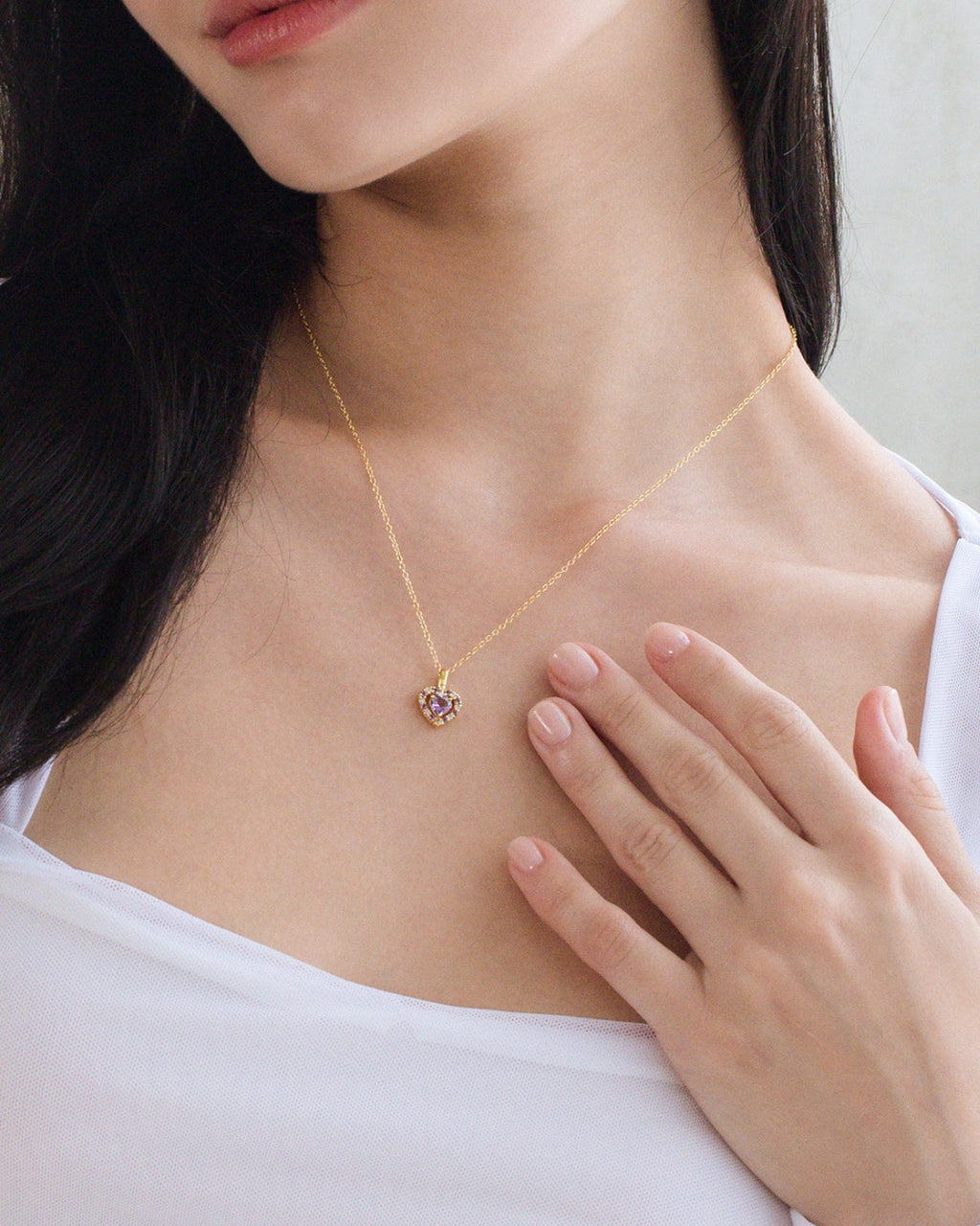 Collier pendentif cœur violet en améthyste lavande, en vermeil or 18 carats