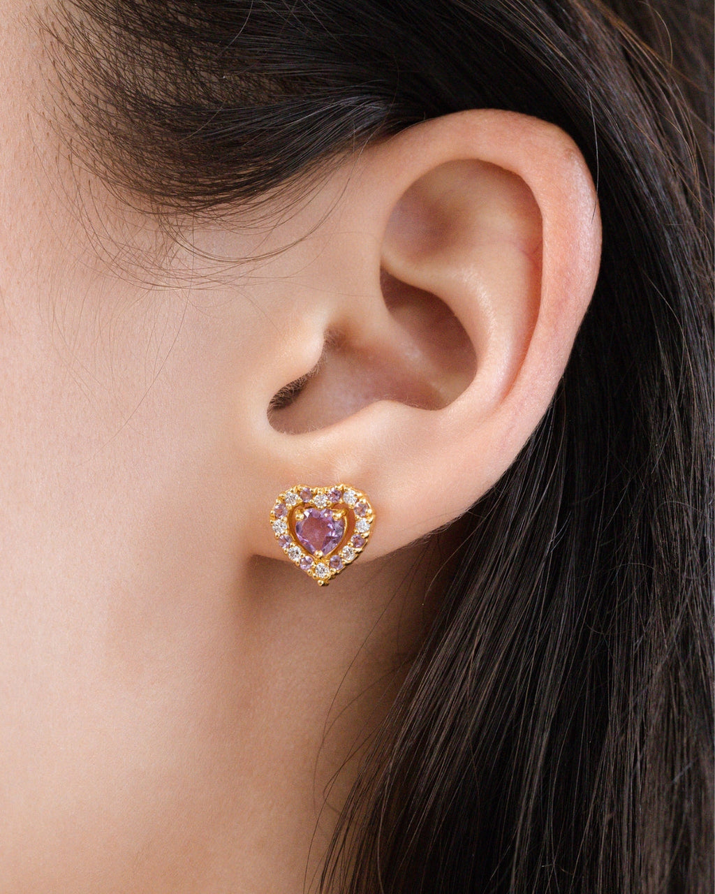 Boucles d'oreilles puces en améthyste lavande en forme de cœur violet, montées sur vermeil en or 18 carats
