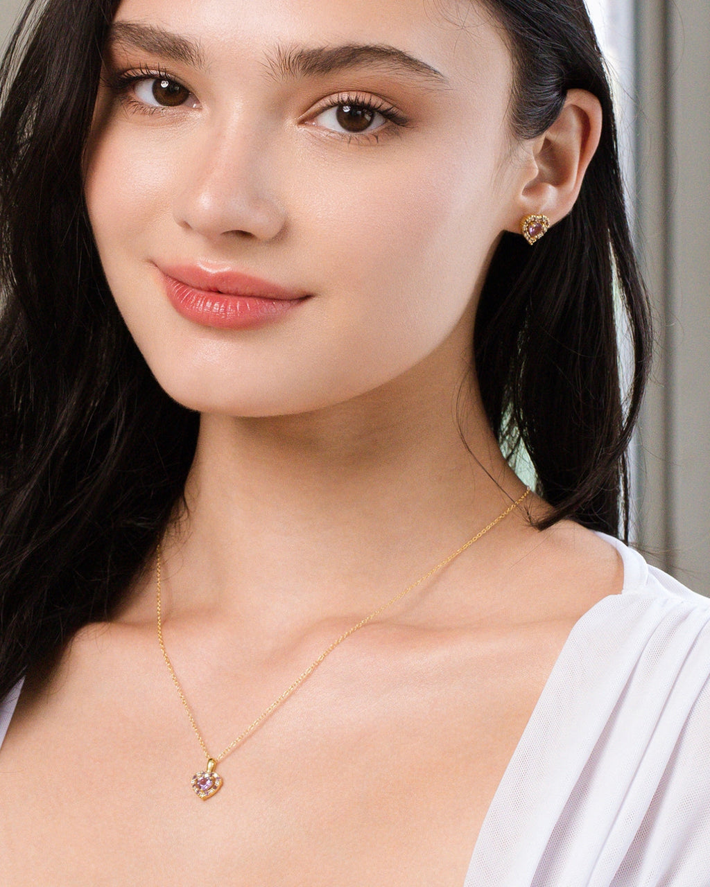 Collier pendentif cœur violet en améthyste lavande, en vermeil or 18 carats