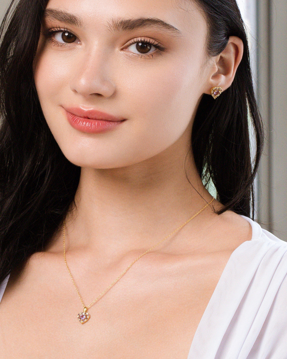 Collier pendentif cœur violet en améthyste lavande, en vermeil or 18 carats