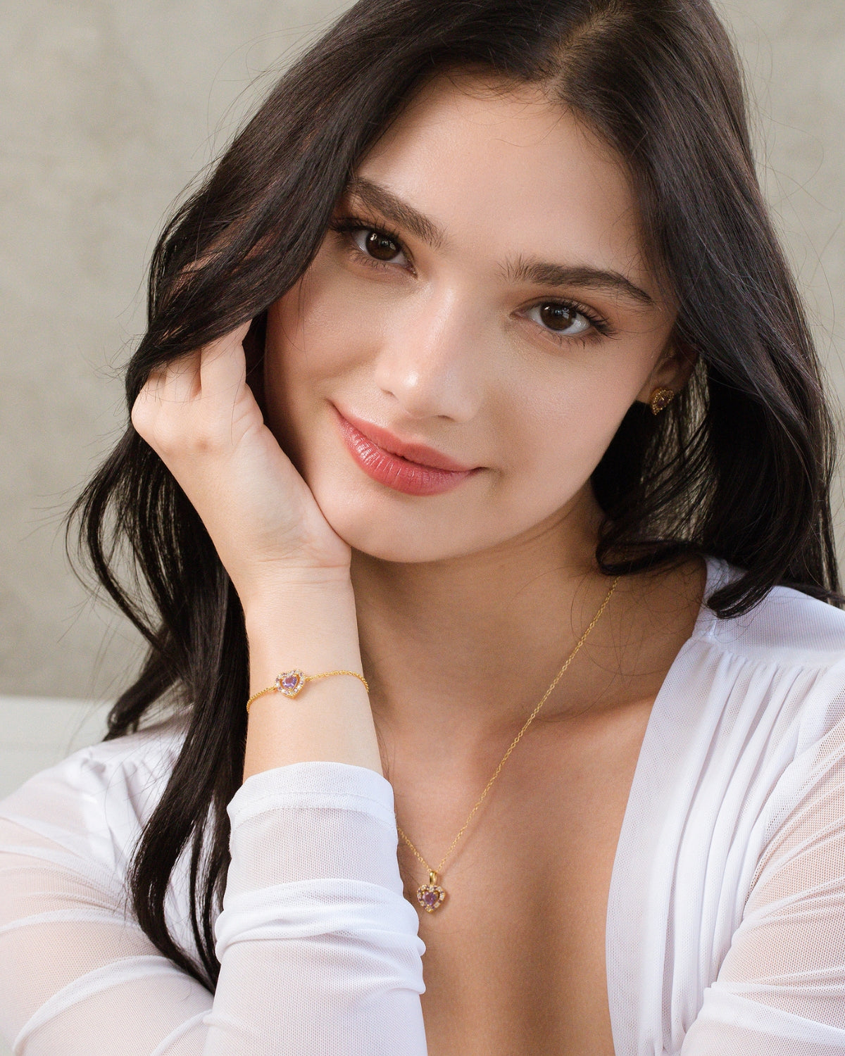 Ensemble de bijoux en vermeil d'or 18 carats avec améthyste lavande en forme de cœur violet