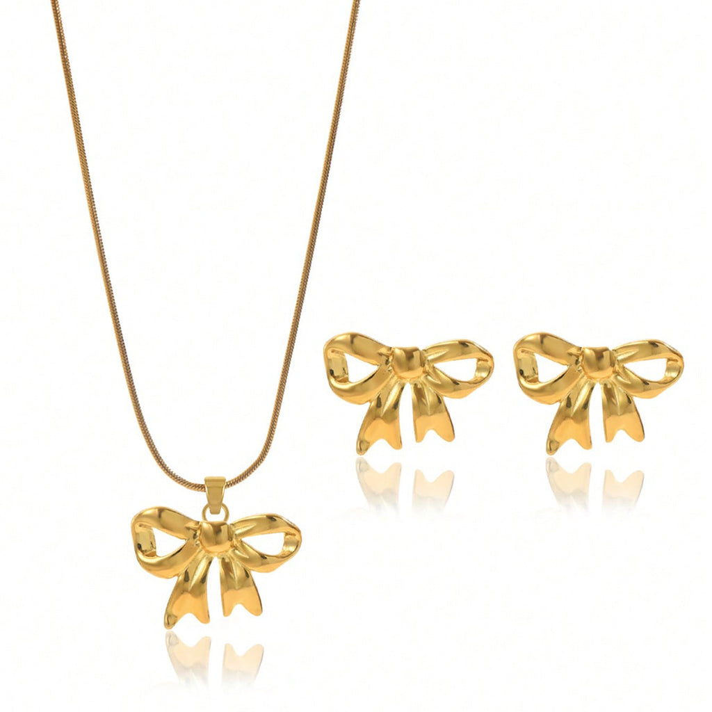 Lxalry 18K Gold Plated Stainless Steel Bow Jewelry Set For Women - Cute Waterproof Necklace & Earrings, Hypoallergenic