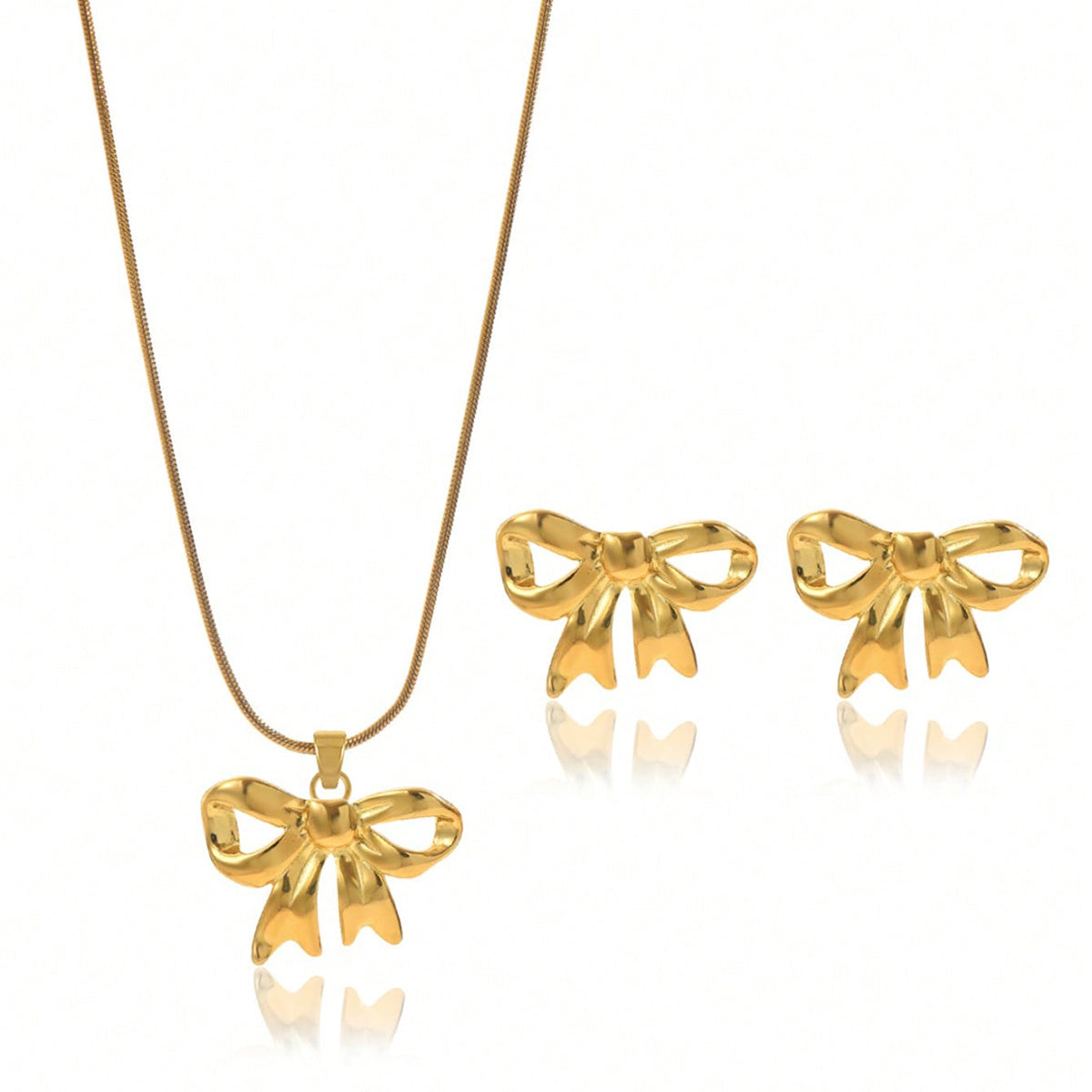 Lxalry 18K Gold Plated Stainless Steel Bow Jewelry Set For Women - Cute Waterproof Necklace & Earrings, Hypoallergenic