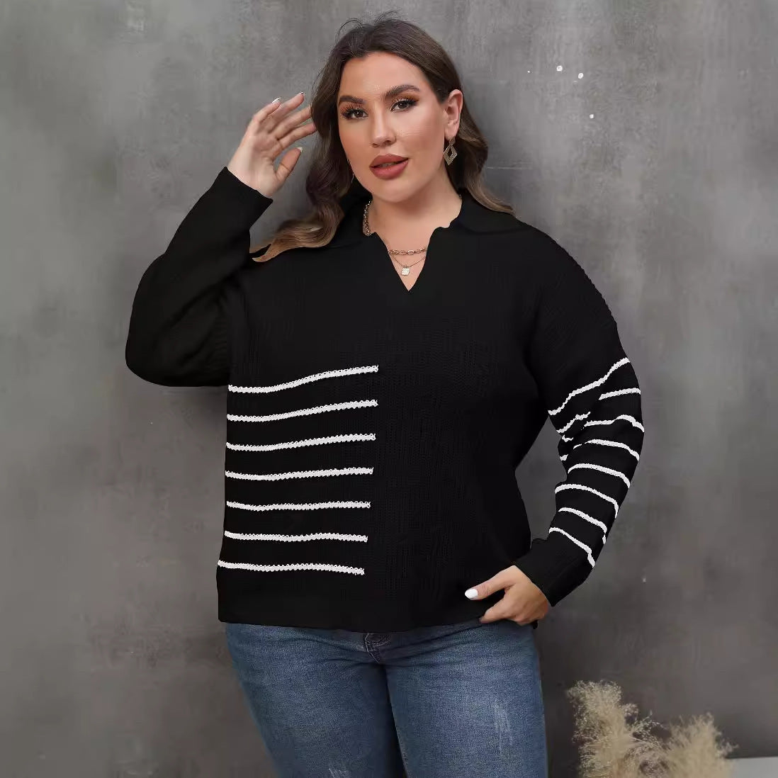 Pullover Plus Size Women's Color Contrast Patchwork Striped Polo Collar Sweater