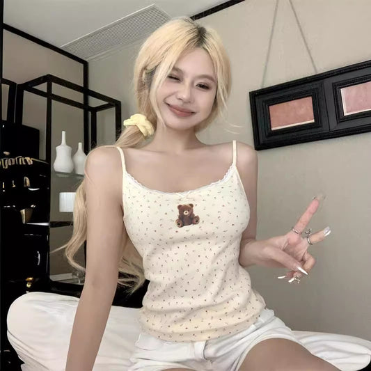 Cute Bear Printed Camisole Women's Lace Cardigan