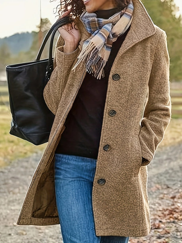 Women's Casual Tweed Coat - Solid Color Mid-Length H-Silhouette Button Front Long Sleeve