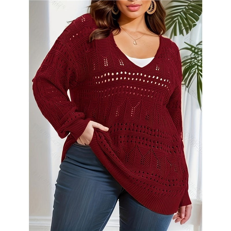 Plus Size Women's Sweater Long Sleeve V-neck Pullover Loose Sweater