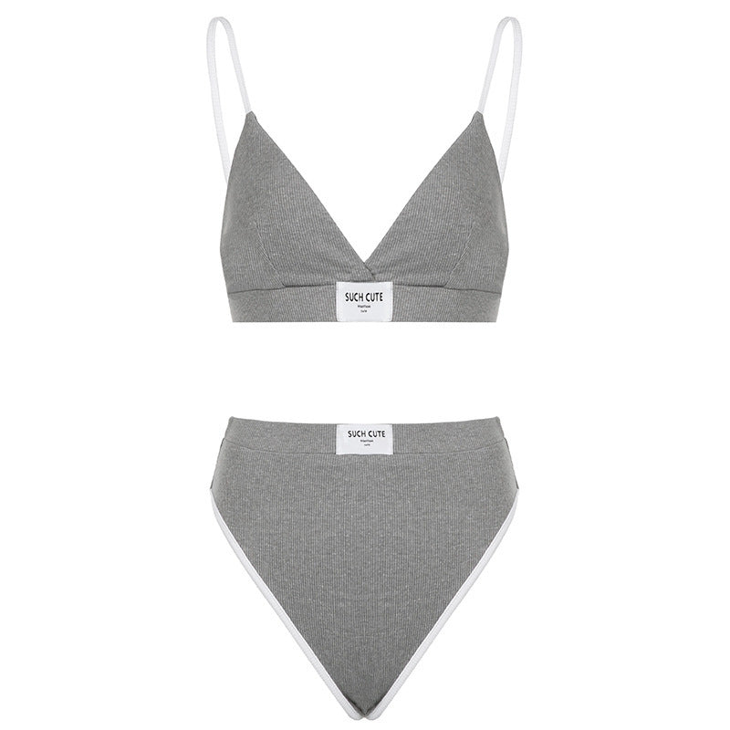 Contrast Color Binding Letters Embroidery Sexy Bikini Underwear Suit
