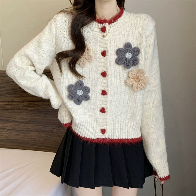 French Style Temperament Flower Round Neck Sweater Short Knitted Cardigan