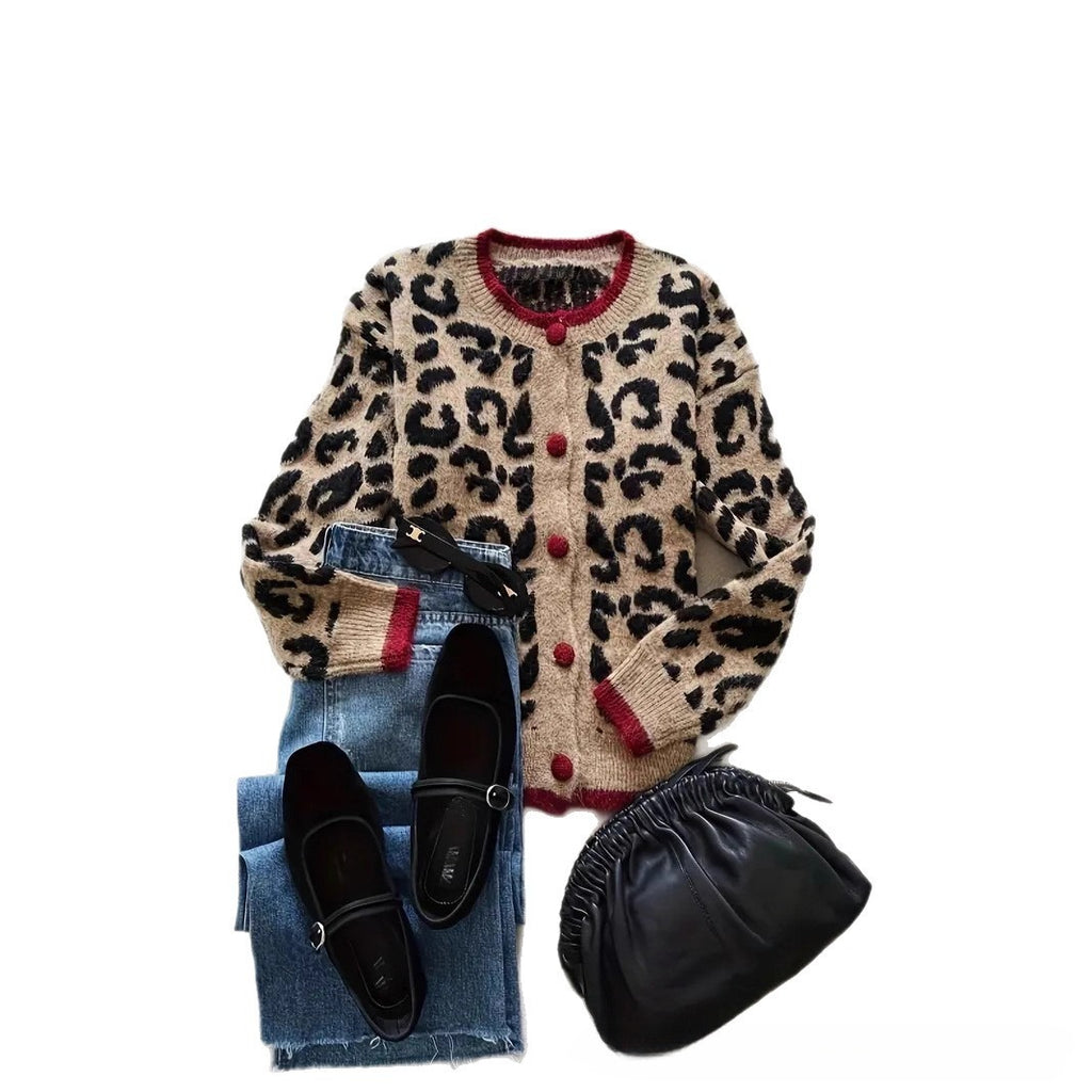 Retro Contrast Color Leopard Print Cardigan Round Neck Sweater