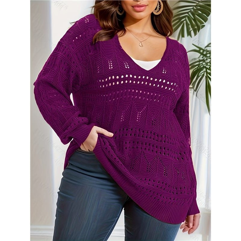 Plus Size Women's Sweater Long Sleeve V-neck Pullover Loose Sweater