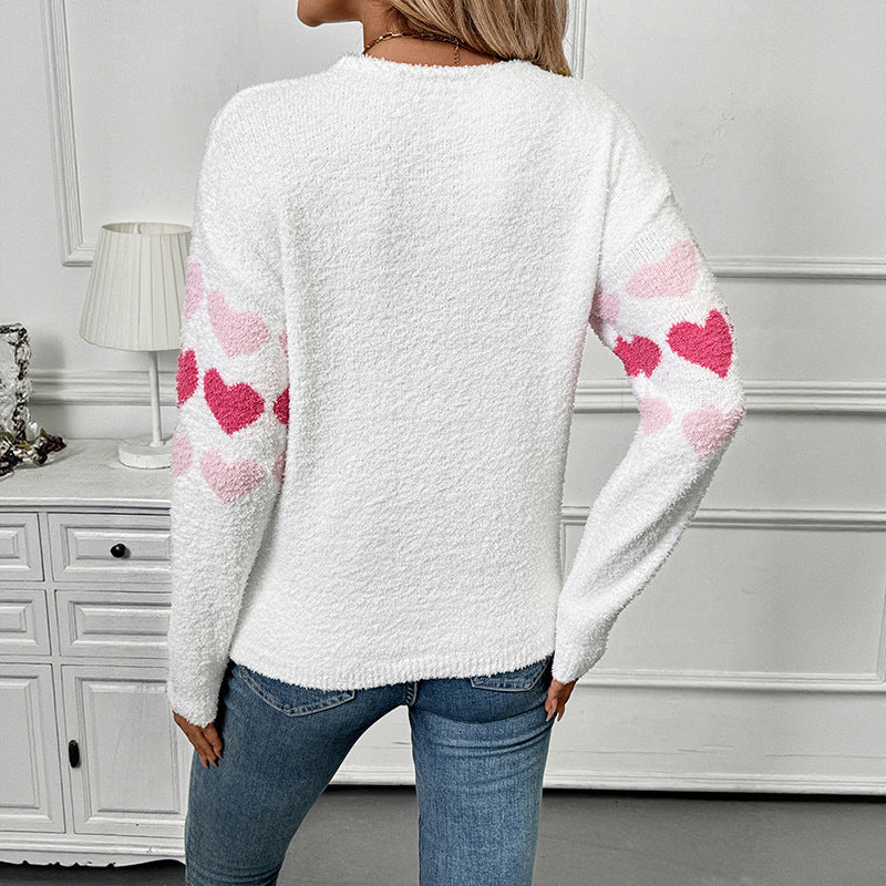 Plush Loving Heart Pattern V-neck Long Sleeve Sweater