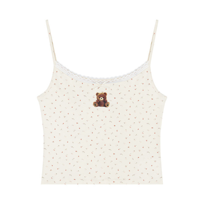 Cute Bear Printed Camisole Women's Lace Cardigan