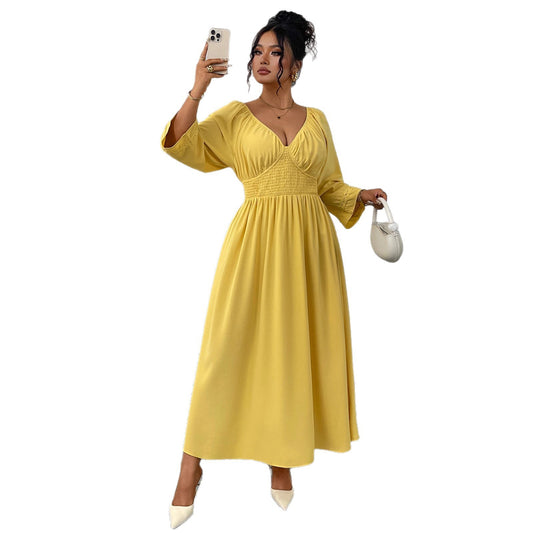 Deep V-neck Yellow High Waist Slimming Dress