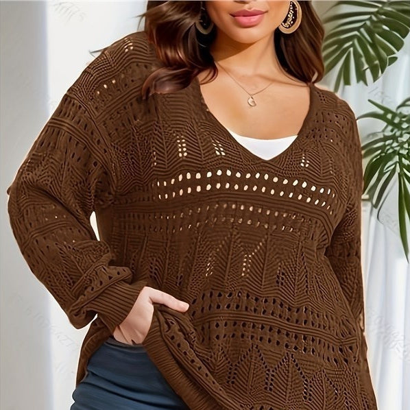 Plus Size Women's Sweater Long Sleeve V-neck Pullover Loose Sweater