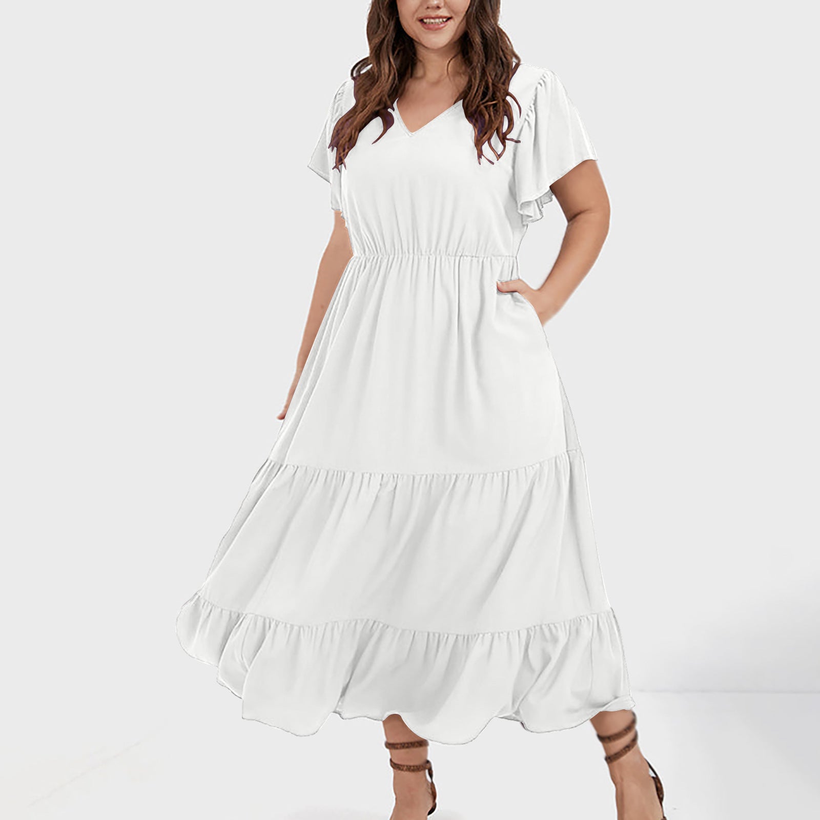 V-neck Ruffle Pleating Casual Large Swing Skirt