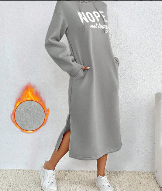 Women's Velvet Printed Hooded Sweatshirt Dress With Slits