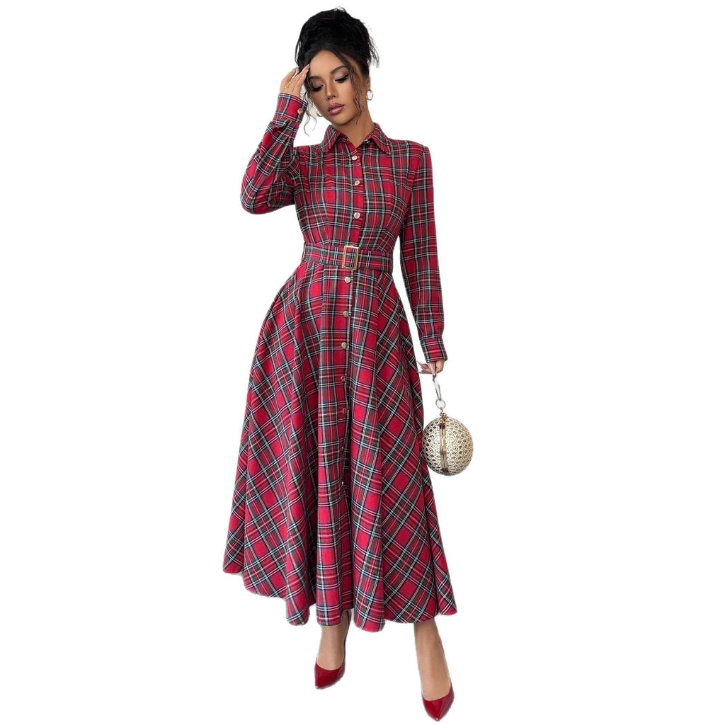 Elegant Romantic Woven Plaid Long Sleeve Dress