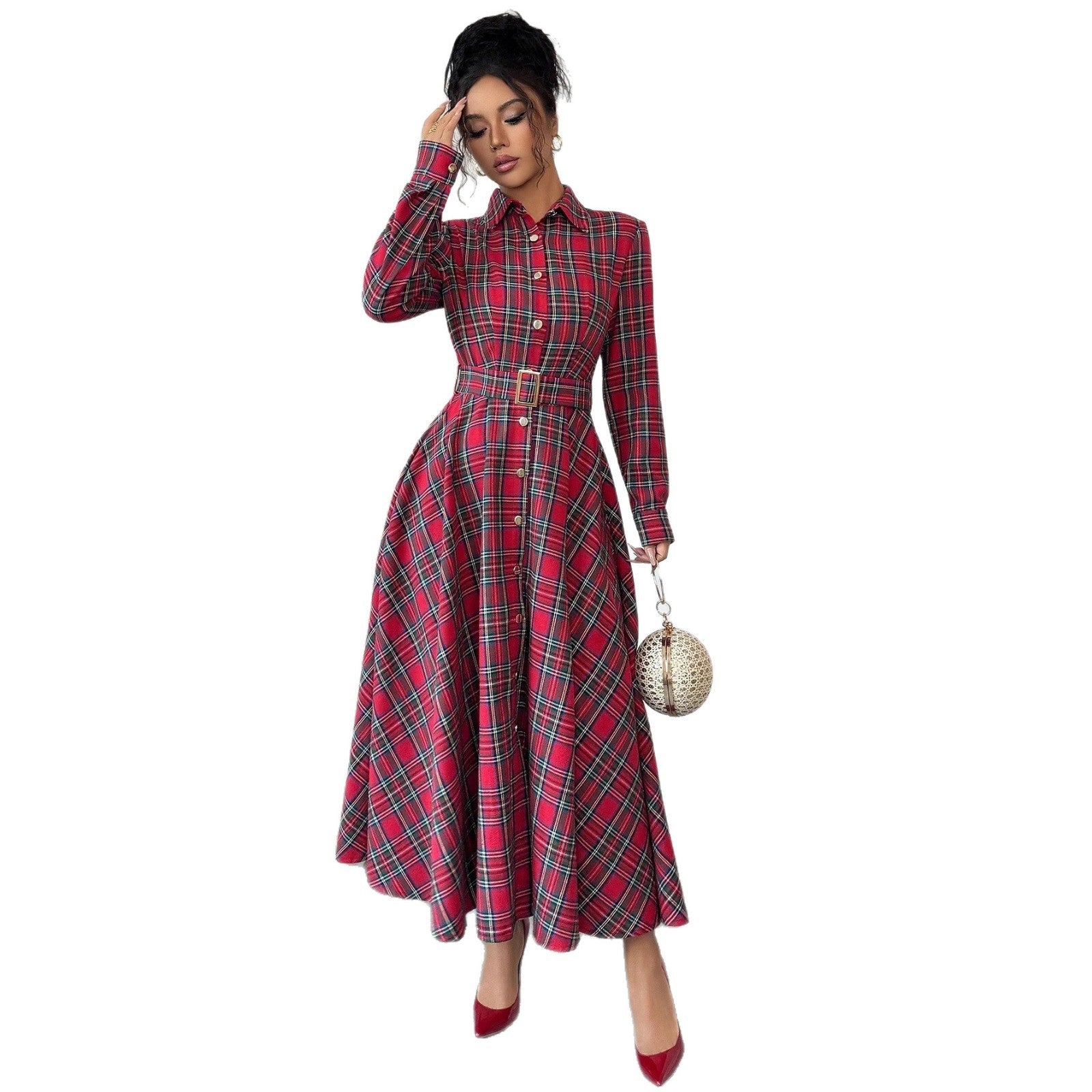 Elegant Romantic Woven Plaid Long Sleeve Dress