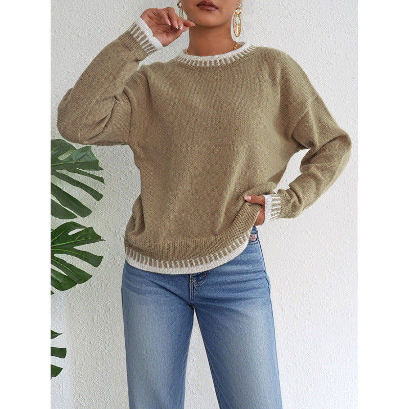 Women's Round Neck Contrast Color Stitching Leisure Pullover Loose Sweater