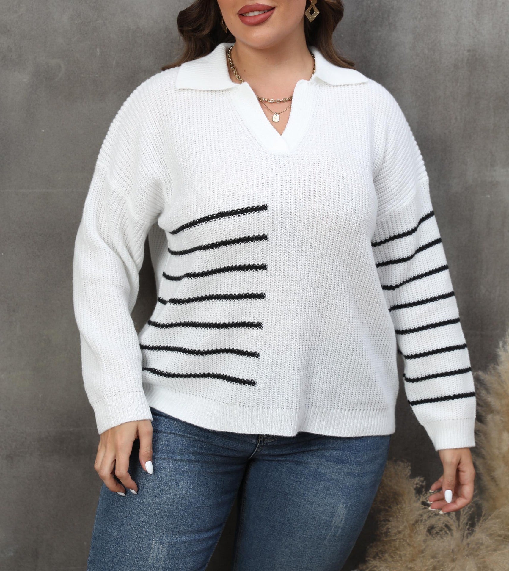 Pullover Plus Size Women's Color Contrast Patchwork Striped Polo Collar Sweater