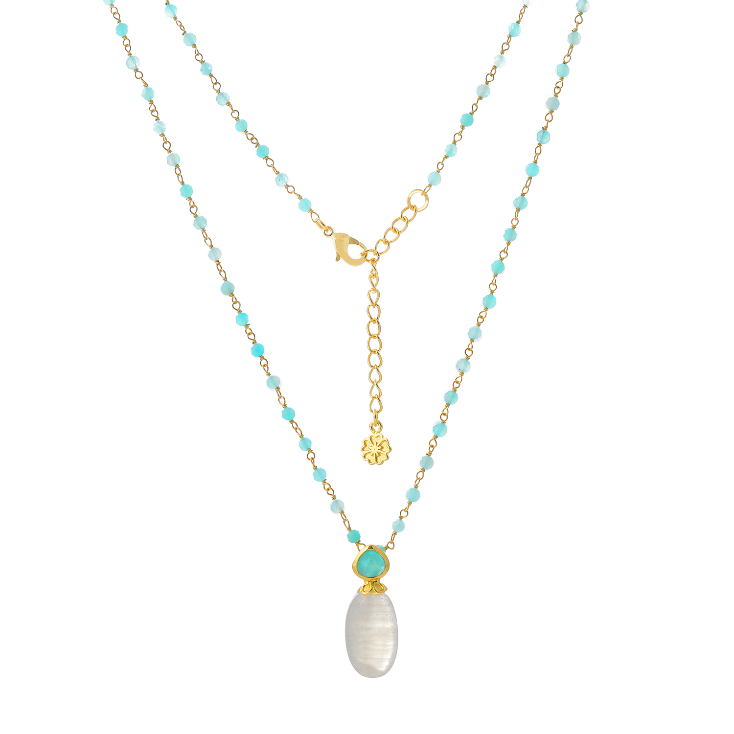 Collier Perséphone à double chaîne de perles en pierre de lune et amazonite