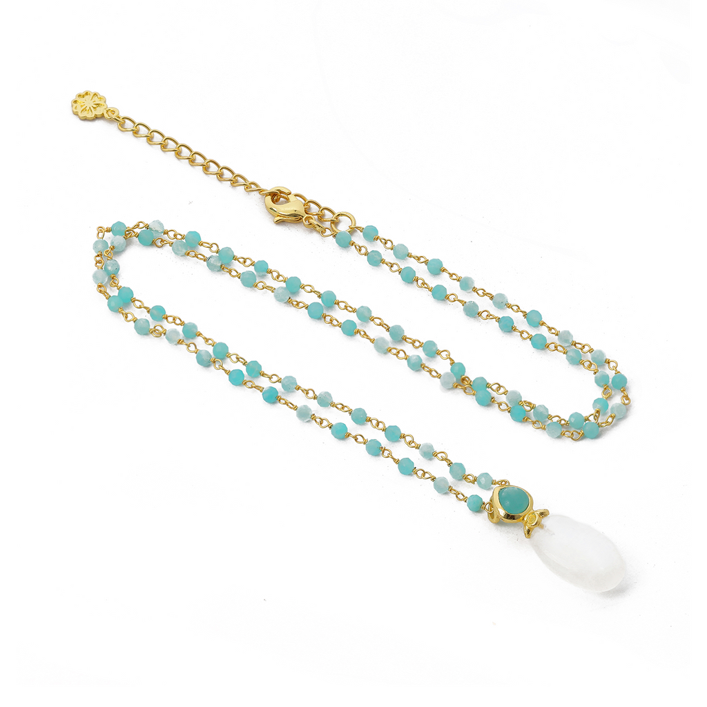 Collier Perséphone à double chaîne de perles en pierre de lune et amazonite