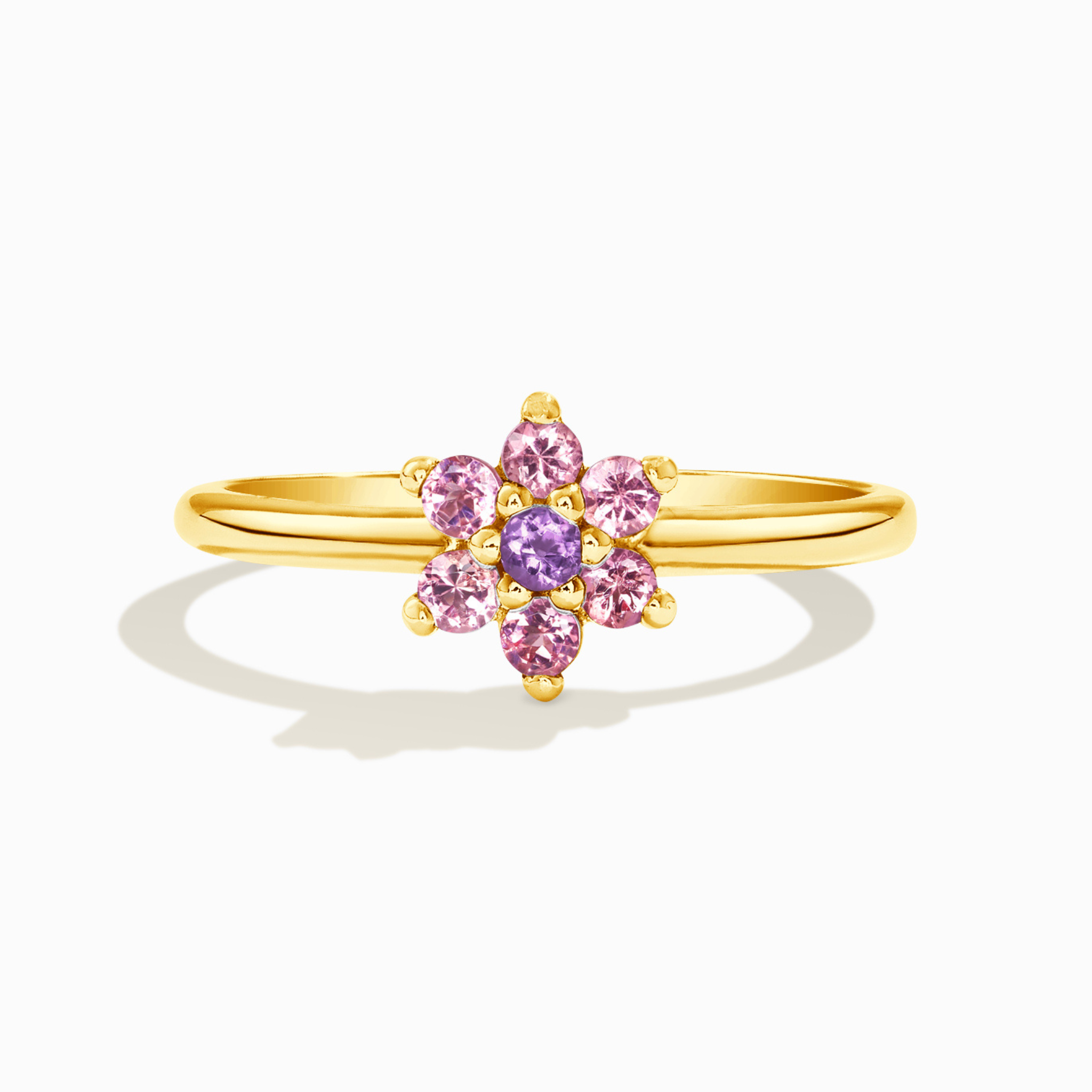 Bague en vermeil or 18 carats avec tourmaline rose et améthyste en forme de fleur 