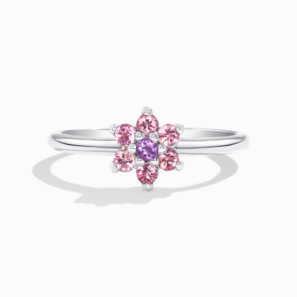 Bague en argent sterling ornée d'une fleur en tourmaline rose et améthyste.