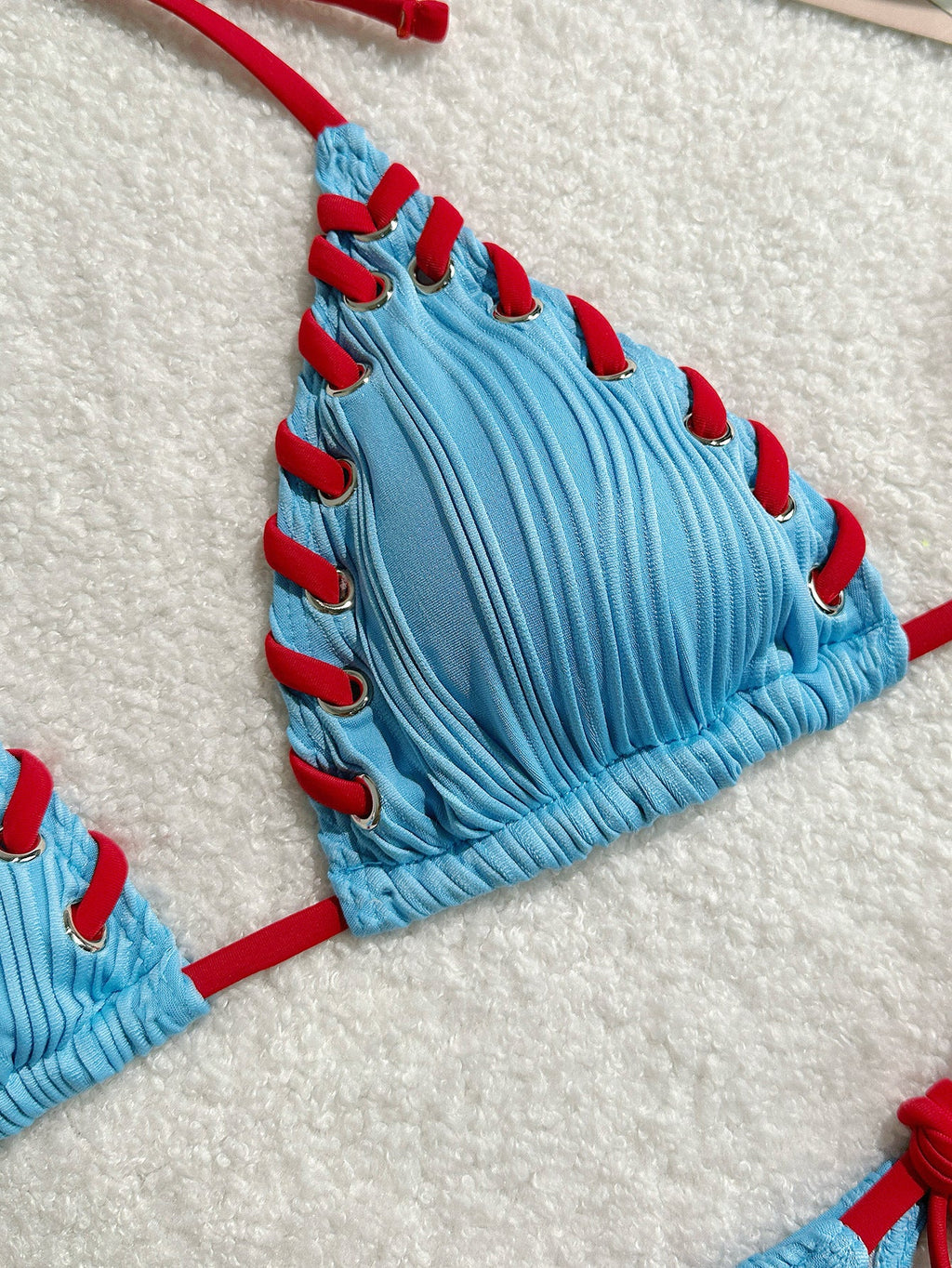 2025 Halter Wrinkled Weave Bikini Women Swimwear Female Swimsuit Two Pieces Bikini Set Brazilian Bathing Suit Swim Beach Wear